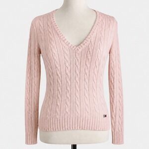 Vintage Tommy Hilfiger Pink Cable Knit Sweater M Y2K Preppy Cottagecore Chic